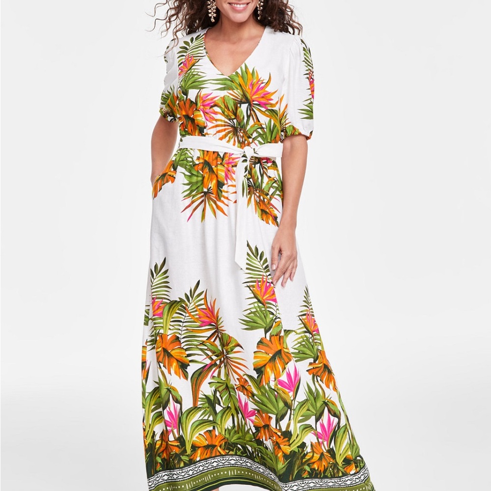 INC Women's Printed V-Neck Tie-Waist Dress Tropical Print - Pink, Green, Orange